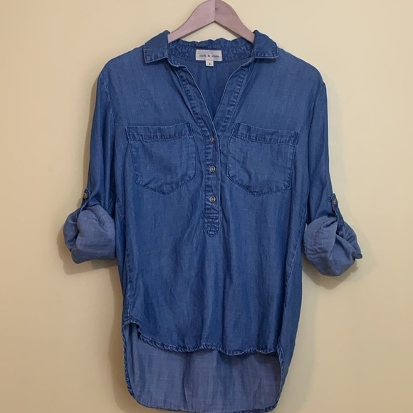 Cloth & Stone | 100% Tencel Blue Denim Hi Lo Rounded Hem 3 Button Top Shirt S - Picture 7 of 17